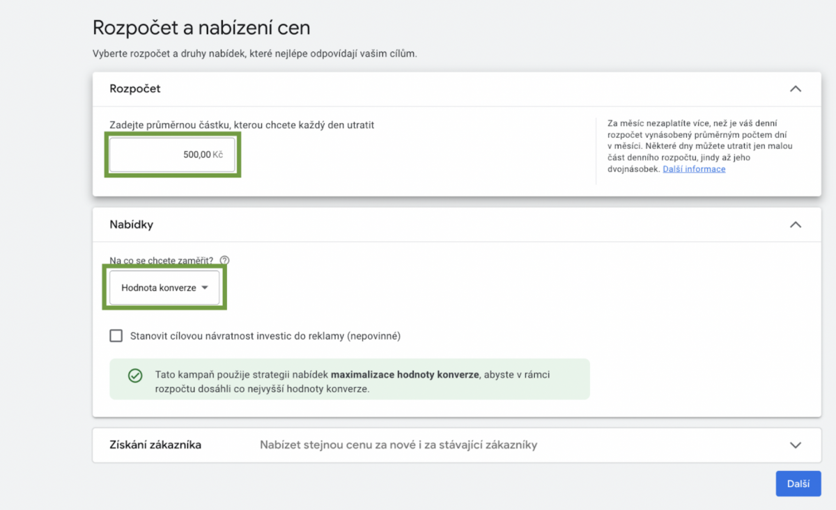 Nastavení rozpočtu kampaně