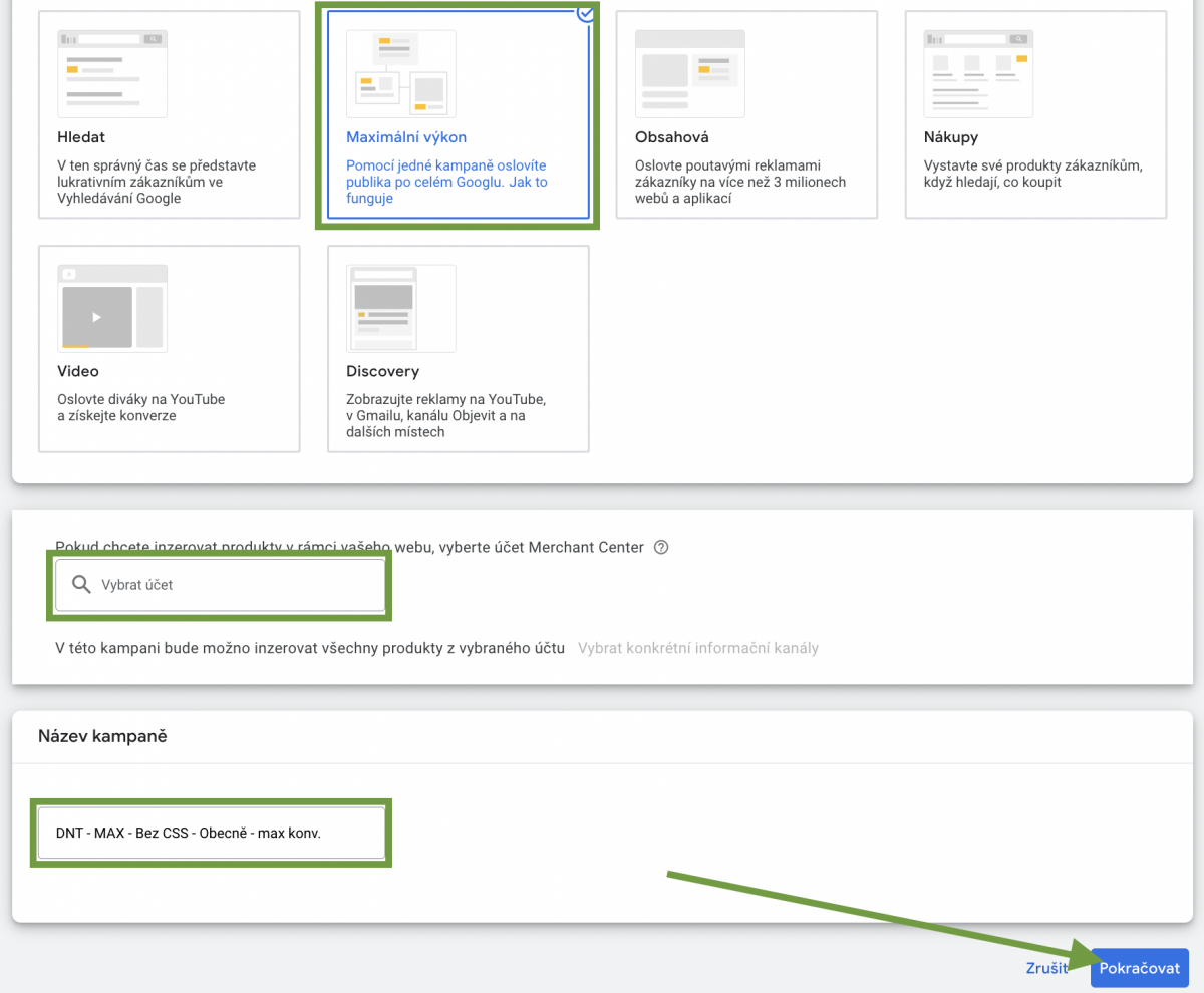 Výběr typu kampaně Performance Max