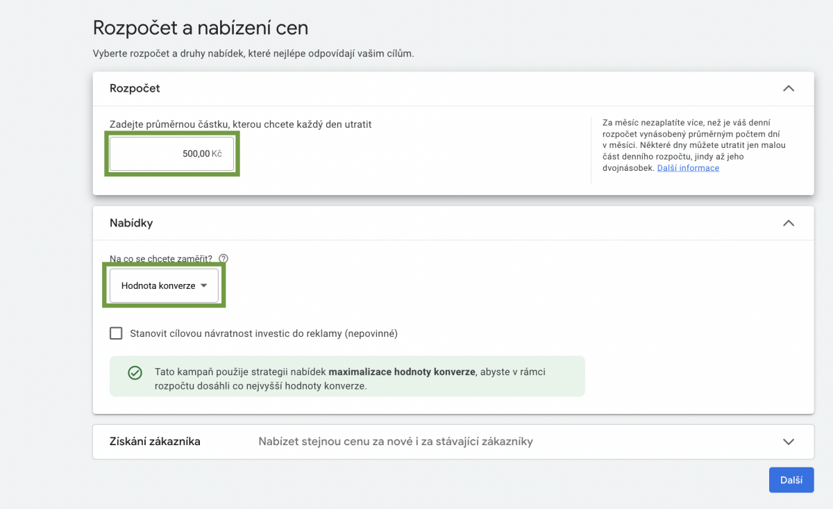 Nastavení rozpočtu a strategie