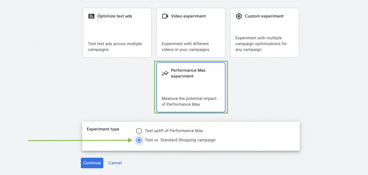 Typ experimentu Performance Max vs Google Nákupy