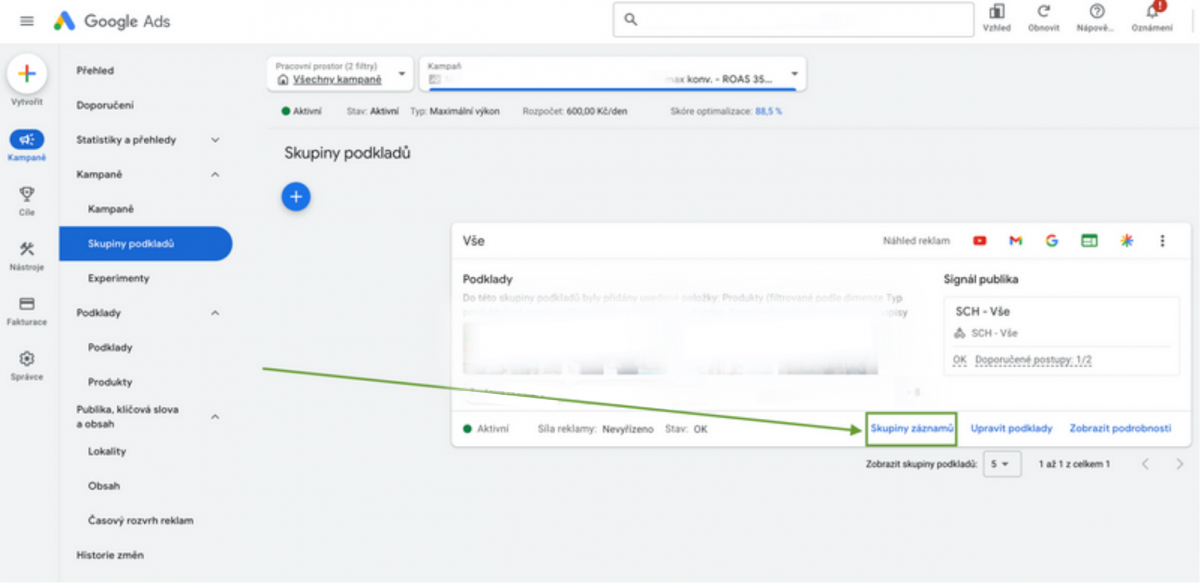 Kde najít skupiny záznamů v novém Google Ads